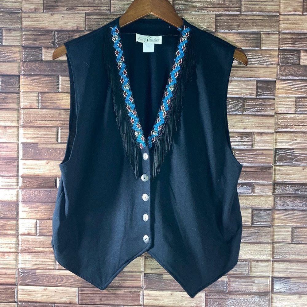 Vintage Large Knit Stitches Western Style Vest With Tassels and Silver Studs